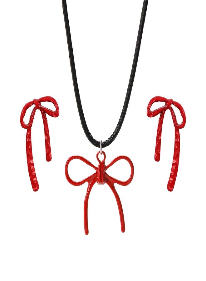 PINCHUAN Christmas Necklace for Women Christmas Bow Jewelry Set X-Mas Gift Bow Pendant Necklaces and Red Christmas Bow Earrings Set Christmas Jewelry Gifts For Women-StyB - Image 1